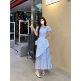French Temperament Design Sense Irregular Square Collar Bubble Sleeve Dress Women Summer Large Size Fat MM Folding Long Dress