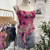 Real Shoot À±tie Bra Irregular Sling Sling Vest Slimming Print Mesh Sleeveless Top 8950