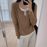 Design Fake Two Knitted Sweater Bottoming Women In Autumn And Winter Temperament Slim Slim Short Top Woman