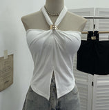French Hanging Neck Sling Vest With Chest Pad Open Fork Short Bramped Stairless Top 9286