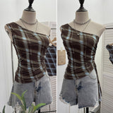Real-Slender Mesh Slant Shoulder Lattice Sling Sling Waist Strap With Short Shoulderless Sleeveless Top 8075