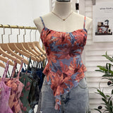 Real Shoot À±tie Bra Irregular Sling Sling Vest Slimming Print Mesh Sleeveless Top 8950