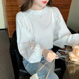 French White Long-Sleeved Shirt Shirt Lady Lantern Sleeve Top 2025 New Fashion Premium Ocean