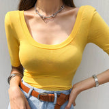 Bright Yellow Double U-Neck Short-Sleeved T-Shirt Women's Five-Point Sleeve Sleeve Top Temperament Tight Body Stature