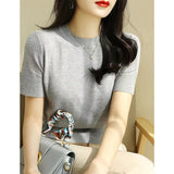 Short-Sleeved Knitted T-Shirt Women 2026 Summer New Solid Half-High Collar Chic High-Grade Ice Silk Black Top Thin