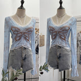 Solid Shot Micro-Permeable Mesh Butterfly Print Splicing Lace Hanging Neck Horn Long-Sleeved T-Shirt Repair Short Top 1286