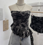 Vintage Camouflage Brat Vest Female Niche Irregular Ribbon Hole Babes Y2k Sleeveless Top 1229