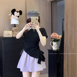 Purple Irregular Slanted Loaf Side Short-Sleeved T-Shirt Girls Summer Thin Knitted Shirt Waist Thin Temperament Top