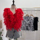 Real Shooting Design Heavy Industry Feather Flash Shiny Splicing Velvet Vest Vest Short Top 9089
