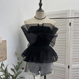 Real Shooting Big Bow Rose Flower Design Smear Chest Vest Wearing Bare Back Sleeveless Top 2192