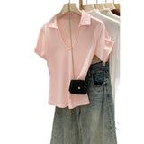 Pink V-Neck Shoulder-Repair Short-Sleeved T-Shirt For Girls Summer 2026 New Collared Little Hottie Top