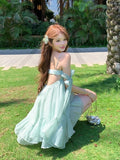 French Girl Bowed Mint Green Sling With Short Skirt With Lotus Leafy Dress Girl Little Man Seaside Holiday Wind