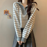 Autumn And Winter Languid Soft-Crelenting Short-Sleeved Knitted Shirt Half-Zip Striped Collar Sweater