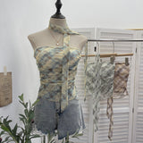 Printed Mesh Ribbon With Chest-Plate Waistcoat With Chest Cushion Anti-Slip Strip Foldless Sleeveless Top 8166