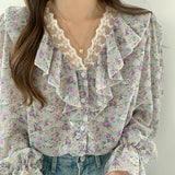 Spring And Summer 2025 New Collar Leaves Lace Splicing Chiffon Dress Sweet Broken Flower Shirt Loose