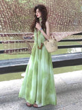 French Super-Look Unique Beautiful Green Halo Print Sling Dress Seaside Holiday Dress 2026 Summer