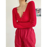 V-Neck Buckle Babes Dress Design Long-Sleeved Sexy Elastic Body Solid-Colored Bottom Shirt