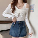 2025 New Temperament Goddess Fan French Small Body Slim Design Feel Shoulder Bows Thin Knitting Tops
