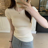 Grey Shoulder Short T-Shirt Girl 2025 New Slimming Summer Short-Sleeved Hottie Knitted Top