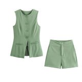 BSK&TRAF Women's Clothing 2025 Summer New Fashion Single Buckle Vest + Casual Short Set