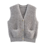 BSK&TRAF Women's Clothing In The Autumn Of 2025 New Small Fragrant Knitted V-Neck Pocket Sweater Vest