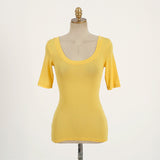 Bright Yellow Double U-Neck Short-Sleeved T-Shirt Women's Five-Point Sleeve Sleeve Top Temperament Tight Body Stature