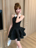 French Temperament Bows Slim Hanging Neck To The Waist Of The Thin Back Small Black Dress Summer New Pony Dress Woman