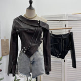 Real Shooting Short Slant Shoulder Small Leather Coat Women Pu Skin Cool Irregular Small Zipper Locomotive Top 2786