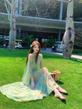 French Green Mesh Sling Dress Women's Summer Seaside Holiday Temperament To Repair Height And Waist-Coat Long Skirt