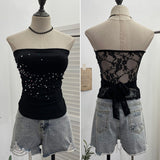 Hot Diamond Splicing Lace-Back Strapped Braided Braided Braided Brae Folded Bra Sleeveless Top 1196