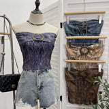 Old Style Retro Brae Waist-Dyed Wear Sexy Shoulder-Wrapped Sleeveless Top 8886