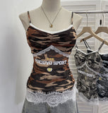 Lace Splicing Camouflage Screen Sling Sling With Chest Cushion Letter Print Sleeveless Top 1618