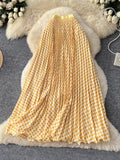 Printed Wave Folding Skirt High Waist Thin Temperament Long Dress Commuter Lattice Half Skirt A-Dress Skirt