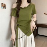 2026 Summer New Slanted Shoulder Side Short-Sleeved T-Shirt Lady Slimming Tie To Collect Pure Lustful Blouse
