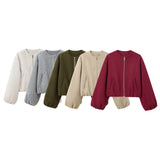2026 Spring New Women's Soft Pilot Round Neck Zipper Short Jacket Jacket 3046