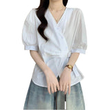 Irregular V-Neck Summer Large-Size Fat Mm Exclusive White Short-Sleeved Shirt Showing Thin Unique Waist Design Top