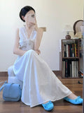 French White V-Neck Sleeveless Joint Dress Female Summer High-Grade Temperament Is Very Good Looking To The Waist Thin Thinch Waist Skirt