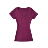 Basic V-Neck Knitted Women 2026 Summer New Hot Girls Slim Slimmed Short-Sleeved Bottom Shirt
