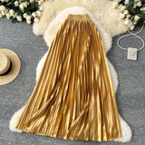 Tightening The Pearl Light Hundred Folded Half-Dressed Dress Woman 2025 Early Spring Glossy Color Color Hanging High Waist Thin Word Long Dress