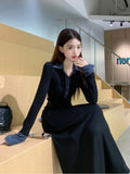 Korean Black Polo Collar Knitted Dress Women's Autumn And Winter Coat Inside The Repair Waist Temperament Long Skirt