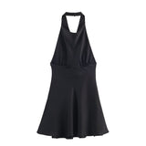 Autumn New Silk Stise-Sensitive Hanging Neck Short Dress 9106331