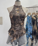 Trend Irregular Hanging Neck Dyeing Net Yarn Vest Lotus Side Ribbon Short Sleeveless Top 9969