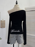 Vintage Cross Letter Print Slanted Shoulder Long-Sleeved T-Shirt T-Shirt Repair Babes Top 1633