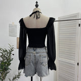 Real Shooting Explosion Two-Word Shoulder Hanging Neck Sling Shirt Irregular Horn Sleeve Chiffon Top 8873