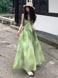 French Super-Look Unique Beautiful Green Halo Print Sling Dress Seaside Holiday Dress 2026 Summer