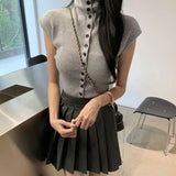 Temperament Slime Collar Single Buckle Top Autumn And Winter New Korean Sleeveless Knitted T-Shirt Women Ins