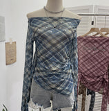 Vintage Lattice Mesh Long-Sleeved T-Shirt Irregularly Drifted Y2k Oblique Shoulder Short Top 8073