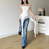 2025 New Tea Rest Gentle Lotus Leaf Side Sexy Sling Woman Summer A Word Shoulder Repair Short Top