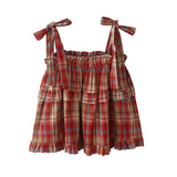 Summer New Retro Sweet Age-Bearing Lattice Bow Tie With Loose Doll Sling Shirt Vest Top Woman