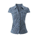 Korean Hottie Polo Collar Blue Plaid Short-Sleeved Shirt Women Summer Chic Repair Waist Small Shirt Top